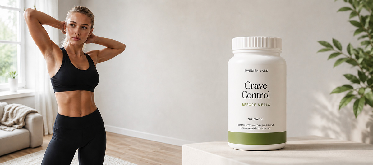 Kvinna i träningskläder och Crave Control-burk i ljust skandinaviskt rum